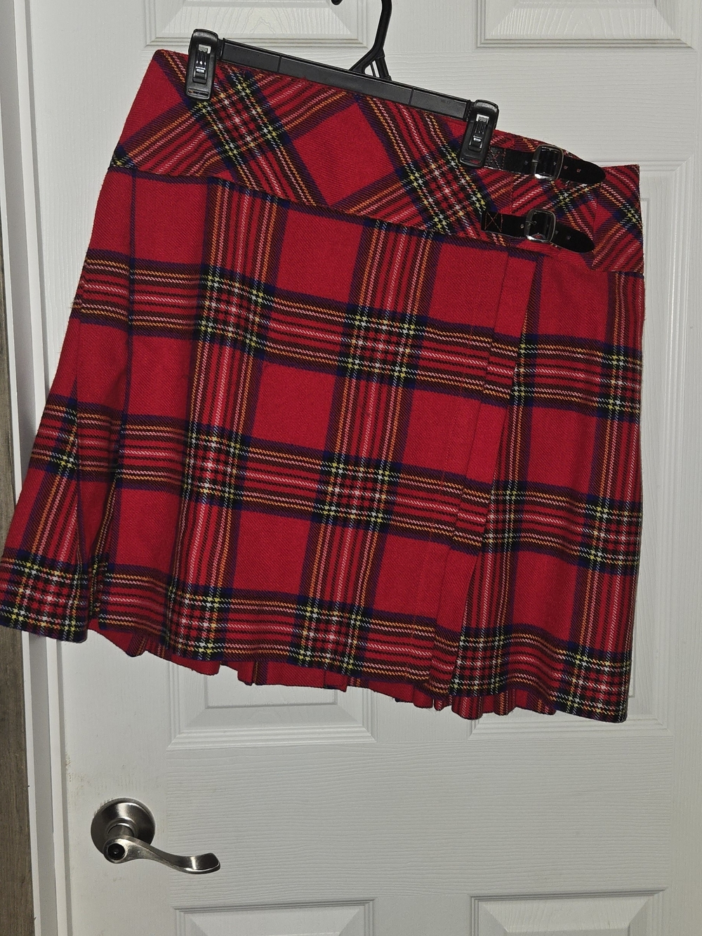 Red Plaid Pleated Mini Skirt with Buckle Detail